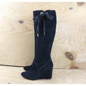 Kate Spade New York Boots Womens 6.5M Black Suede Wedge Bow Tie Zip Shoes Tall